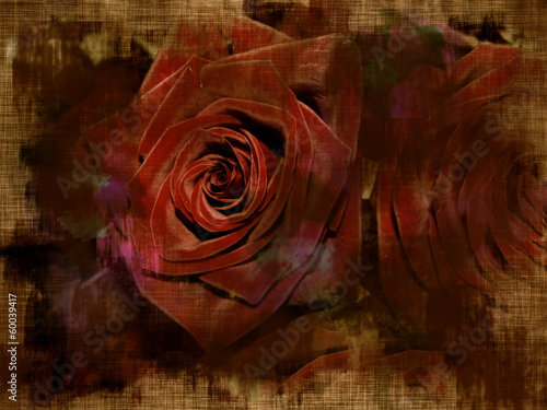 Obraz w ramie Grunge postcard: roses and brown linen texture