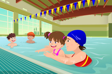 Poster - Kids having a swimming lesson in indoor pool