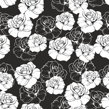 Seamless Vector Floral Pattern White Roses On Black Background