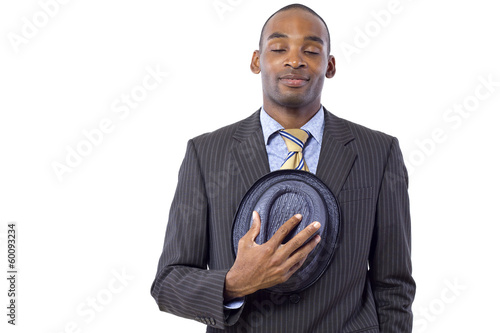 Fotografie, Obraz young black businessman being polite by taking hat off