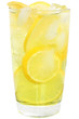 Lemonade with ice cubes and sliced lemon