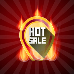 Wall Mural - Hot Sale Yellow Label in Flames, Fire on Retro Red Background