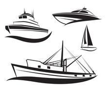 Vector Black Ship And Boat Set.