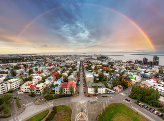 Wall Mural - Reykjavik cityspace with rainbow