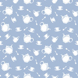 Seamless background with teapots and cups. Vector illustration.