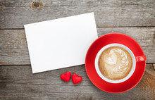 Blank Valentines Greeting Card And Red Coffee Cup