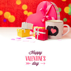 Wall Mural - Gift boxes and cup of tea for Valentine's day on white