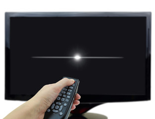 3D black tv display with hand and remote control