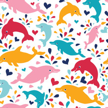 Vector Fun Colorful Dolphins Seamless Pattern Background