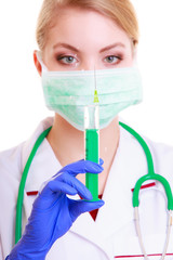 Poster - Woman in mask and lab coat. Doctor nurse with syringe.