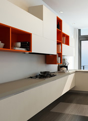 Modern kitchen interior with orange and white furniture