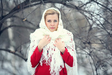 Beautiful Blonde In A Traditional Russian Scarf Winter Snow