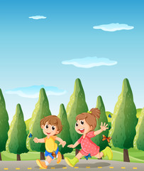 Wall Mural - Two cute kids running at the road