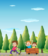 Wall Mural - Kids playing at the road with pine trees