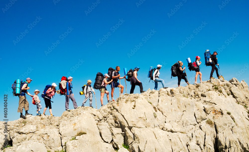 Hikers group trekking in Crimea - obrazy, fototapety, plakaty 