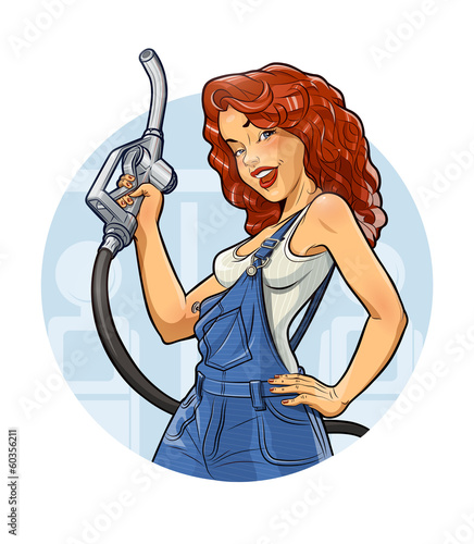 Naklejka dekoracyjna Girl with petrol pump. Car service. Eps10 vector