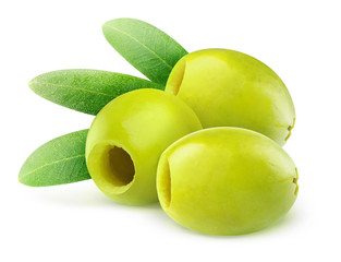 Poster - Isolated olives. Three pitted green olive fruits isolated on white background