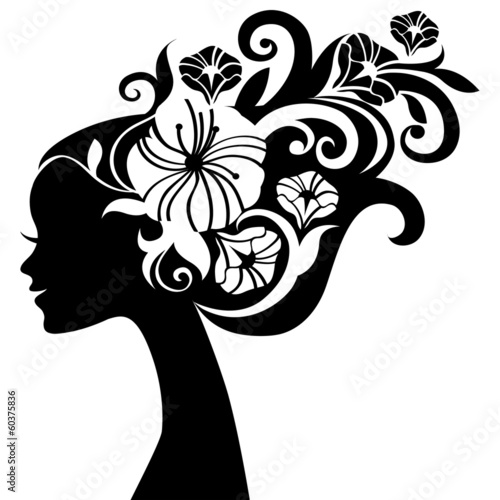 Obraz w ramie Beautiful woman silhouette with flowers