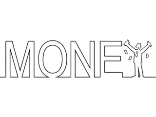 Black line art of the word 'MONEY' with a man in it.