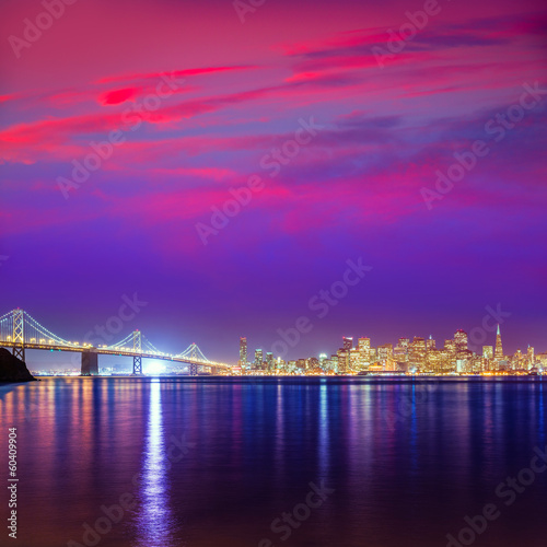 Obraz na płótnie canvas czteroczęściowy "tetraptyk" San francisco sunset skyline california bay odbicie wody