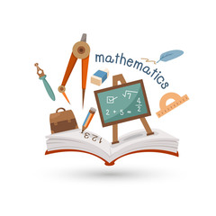 Open book and icons of mathematics. Concept of education