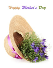 Bouquet Of Beautiful Wild Flowers In Summer Hat, Isolated
