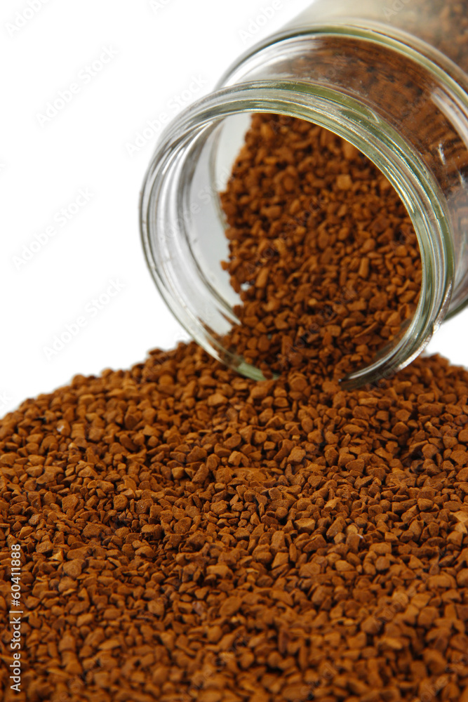 Scattered instant coffee isolated on white