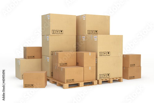 Fotografía Cardboard boxes on a pallet. Isolated on white background.