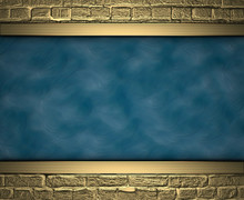Blue Texture With Gold Bricks At The Edges. Design Template