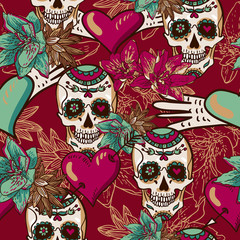 Wall Mural - Skull, Hearts and Flowers Seamless Background