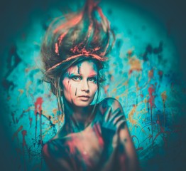 Wall Mural - Young woman muse with creative body art and hairdo