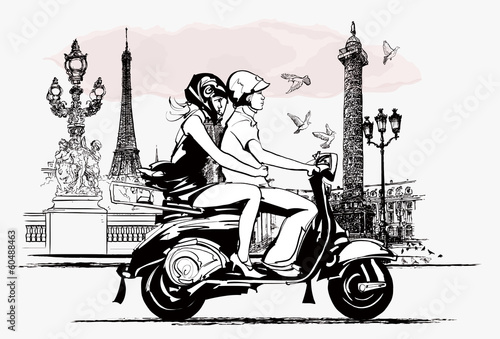 Naklejka dekoracyjna couple on a scooter in Paris