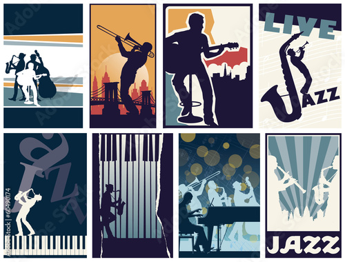 Board z aluminiowym obramowaniem Zestaw 8 różnych plakatów jazzowych wektorowych