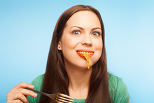 Girl Greedily Eats Pasta
