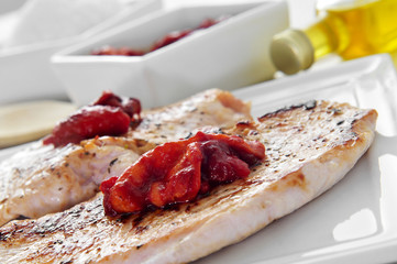 Poster - grilled chicken meat with grilled red pepper