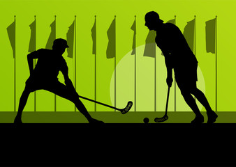 Wall Mural - Floorball player vector silhouette background landscape with fla