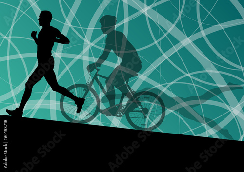 Fotoboard na płycie Maraton triathlon aktywnych młodych mężczyzn pływanie na rowerze i bieganie