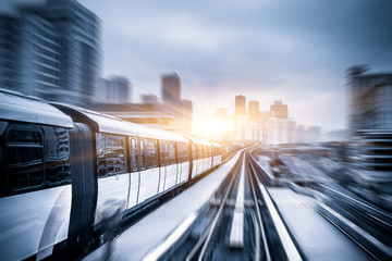 Sky train through the city center in Kuala Lumpur,motion blur