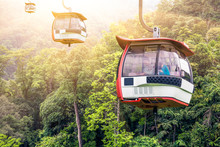 Aerial Tramway Moving Up In Tropical Jungle Mountains