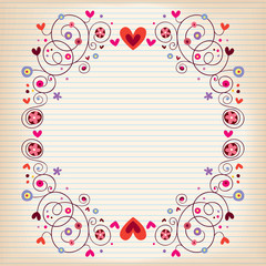 Wall Mural - hearts and flowers frame on lined note book paper