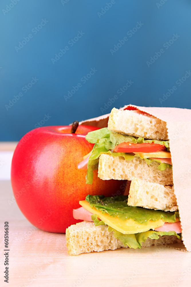 School breakfast on desk on  board background