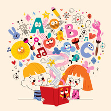 Cute Kids Reading Book Education Concept Illustration
