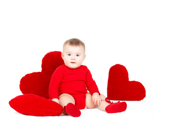 Portrait of little girl c large toy heart on white background