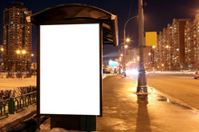 Blank Sign At Bus Stop At Evening In City