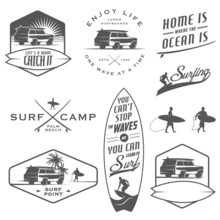 Set Of Vintage Surfing Labels, Badges And Design Elements