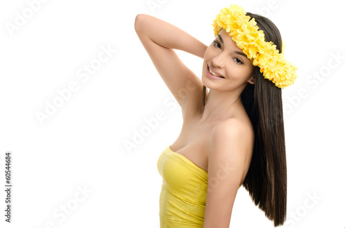 Girl With Long Straight Hair And Wreath Of Yellow Flowers Buy
