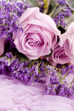 Beautiful Lavander And Pink Rose On Bright Background