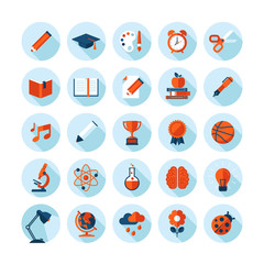 Set of flat icons on education, sport, science, art and music