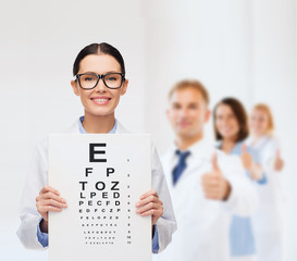 Poster - female doctor in eyeglasses with eye chart