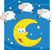 Three Funny Counting Sheep Over A Moon